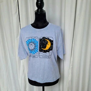 ACEMI WOMEN'S LIGHT BLUE CROPPED TEE SIZE LARGE SUN MOON SHORT SLEVE T-SHIRT